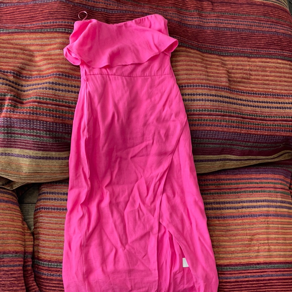 Linen type look strapless pink dress midi